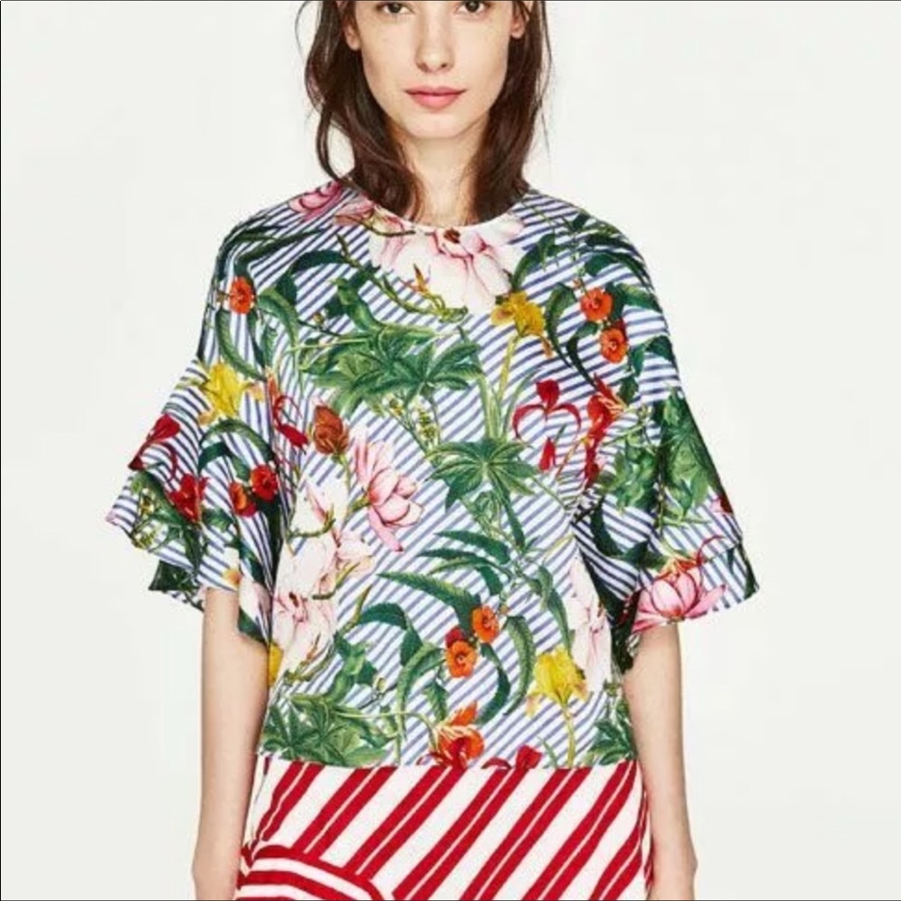 Zara Woman Floral Stripe Ruffle Sleeve Boxy Top